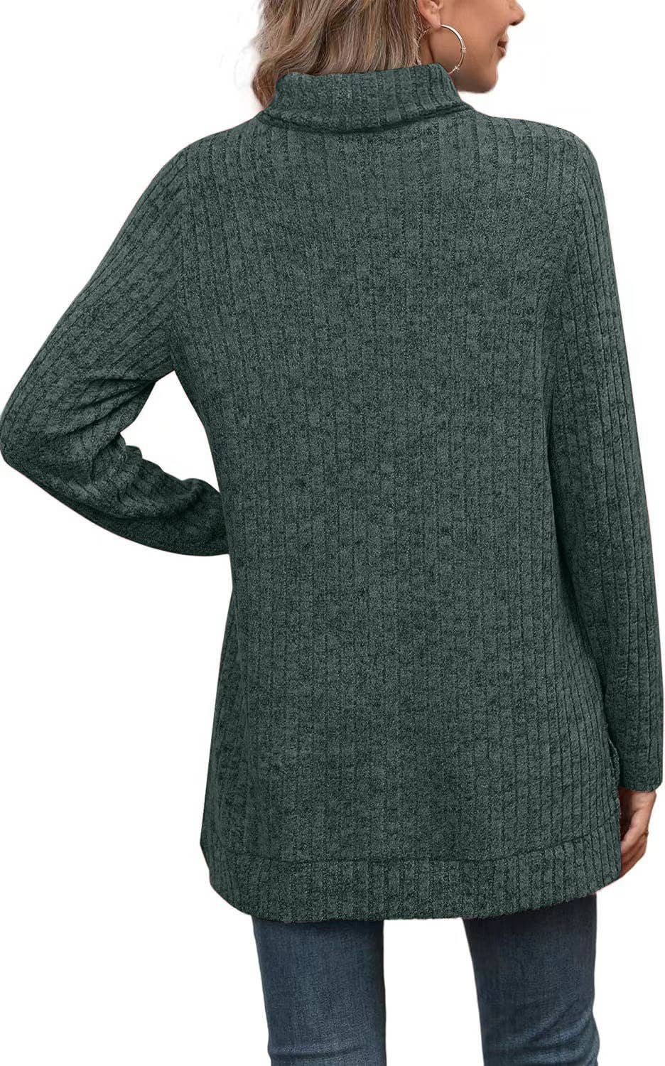 Solid-colored high-neck slit striped loose top