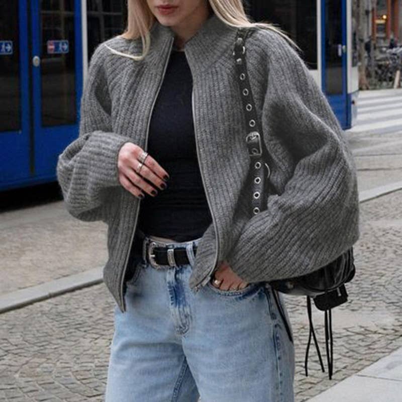 SOLID COLOR CARDIGAN WITH DOUBLE ZIP HEAD LAPEL