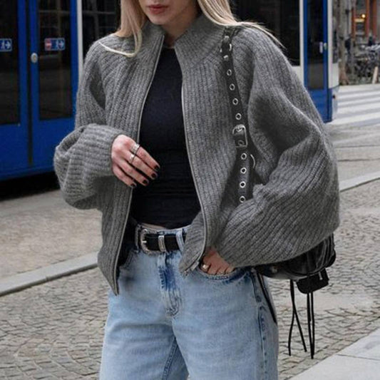 SOLID COLOR LAPEL DOUBLE ZIP LAPEL SWEATER COAT