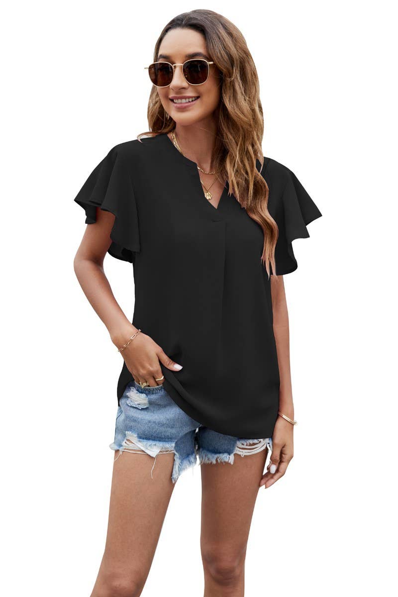 V NECK FLY SLEEVE SHORT SLEEVE CHIFFON TOP_CWTSTS0214