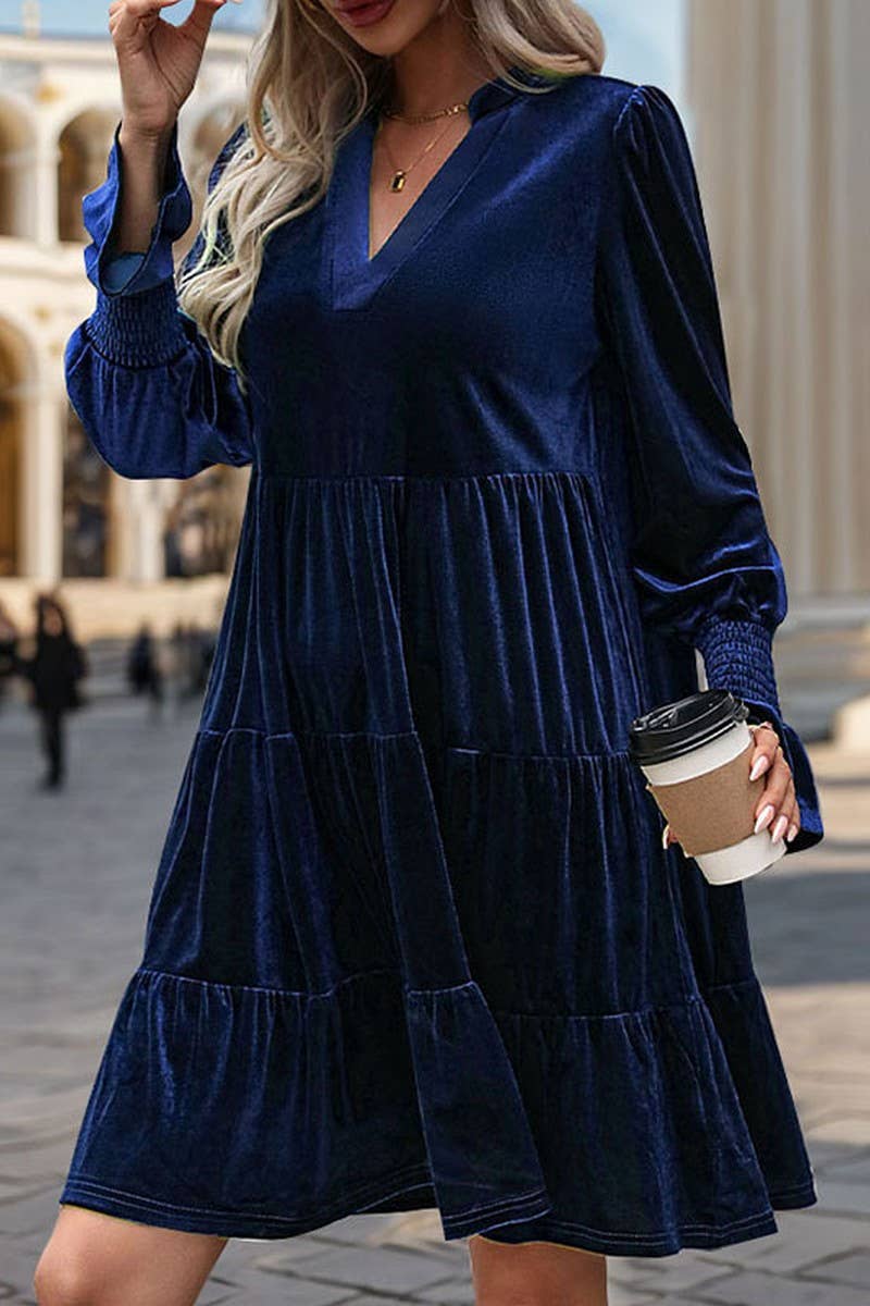 CWDMD3552_V-NECK LONG-SLEEVED SOLID COLOR VELVET DRESS
