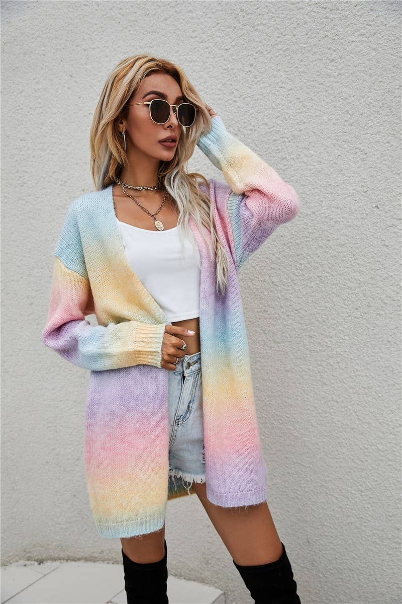 CWOCAL0935_RAINBOW TIE-DYE MID-LENGTH KNITTED CARDIGAN COAT