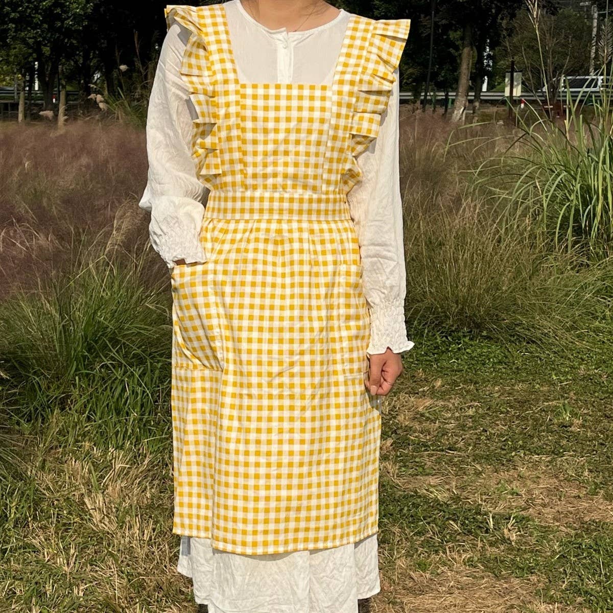 PLAID RUFFLE APRON CAFE GARDENING SMOCK APRON_CWMM5823