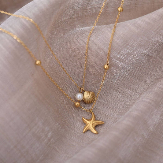 Summer Double Starfish Shell Necklace_CWMM5549