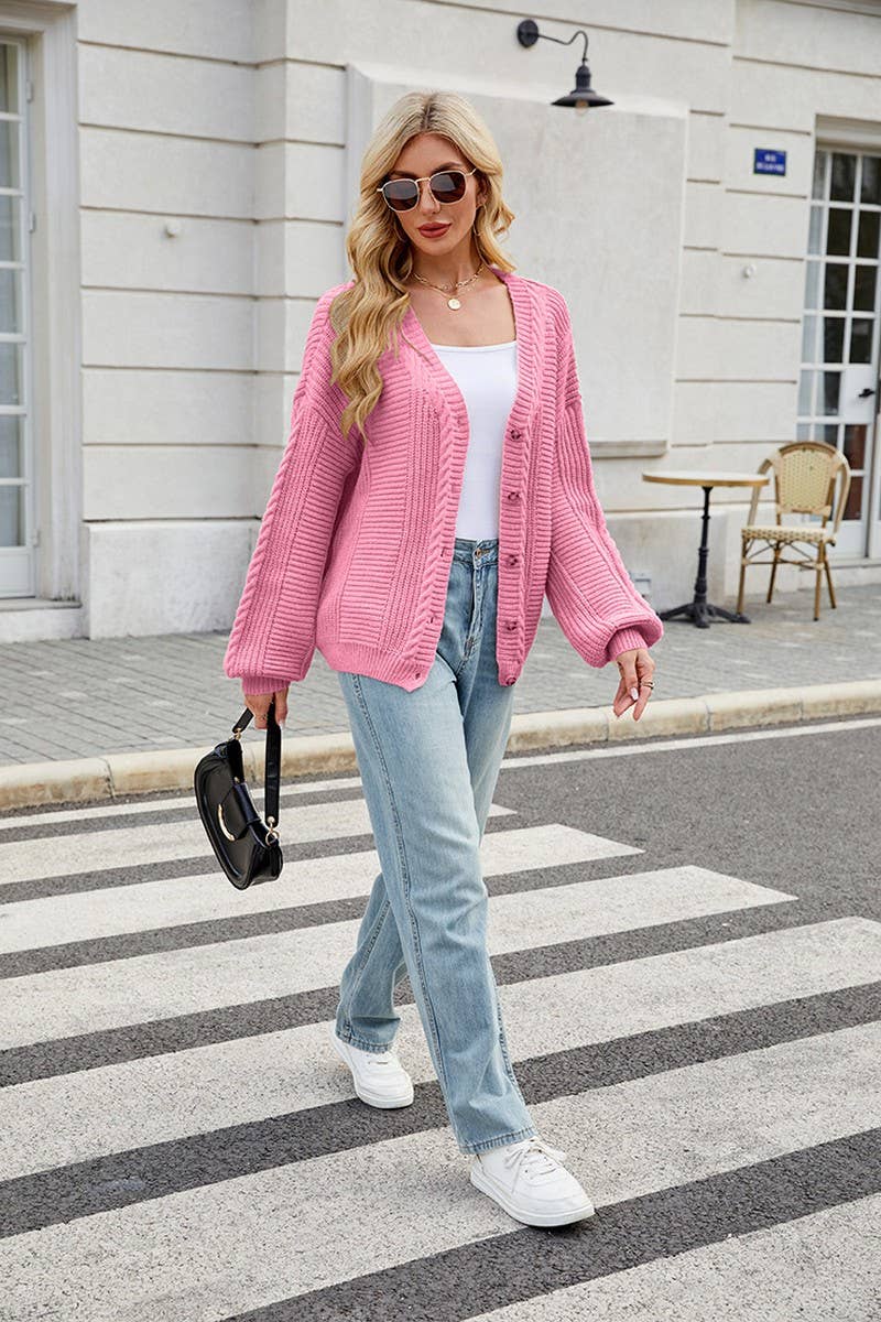 CWOCAL00686_LONG SLEEVE V-NECK CABLE KNIT CARDIGAN