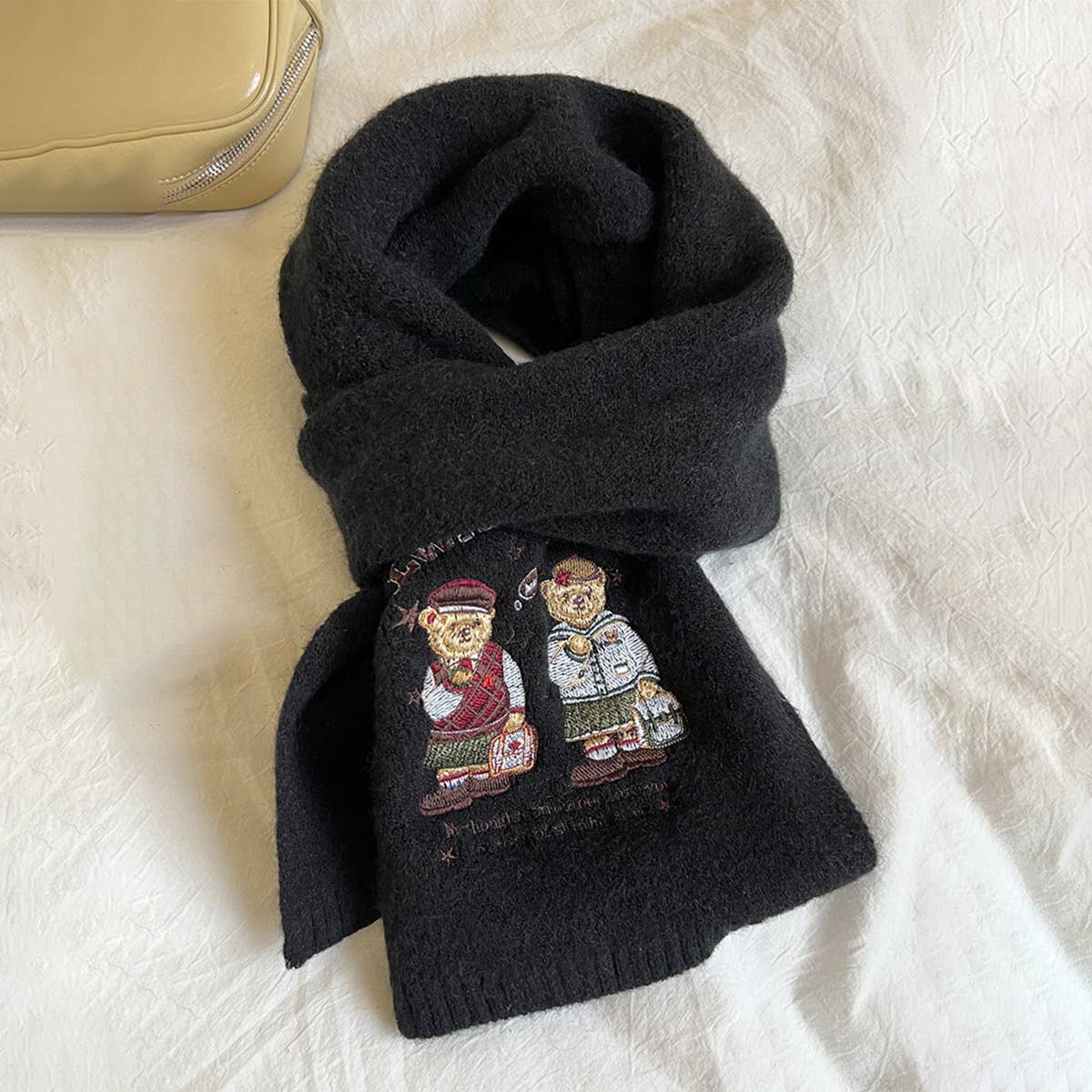 Bear embroidered knitted scarf for warmth and cozy_CWASC1497