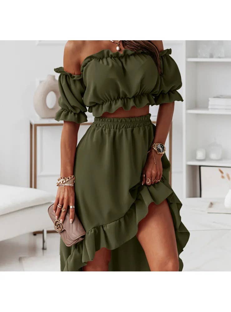 RUFFLED SKIRT IRREGULAR SHORT SLEEVE TWO-PIECE SET