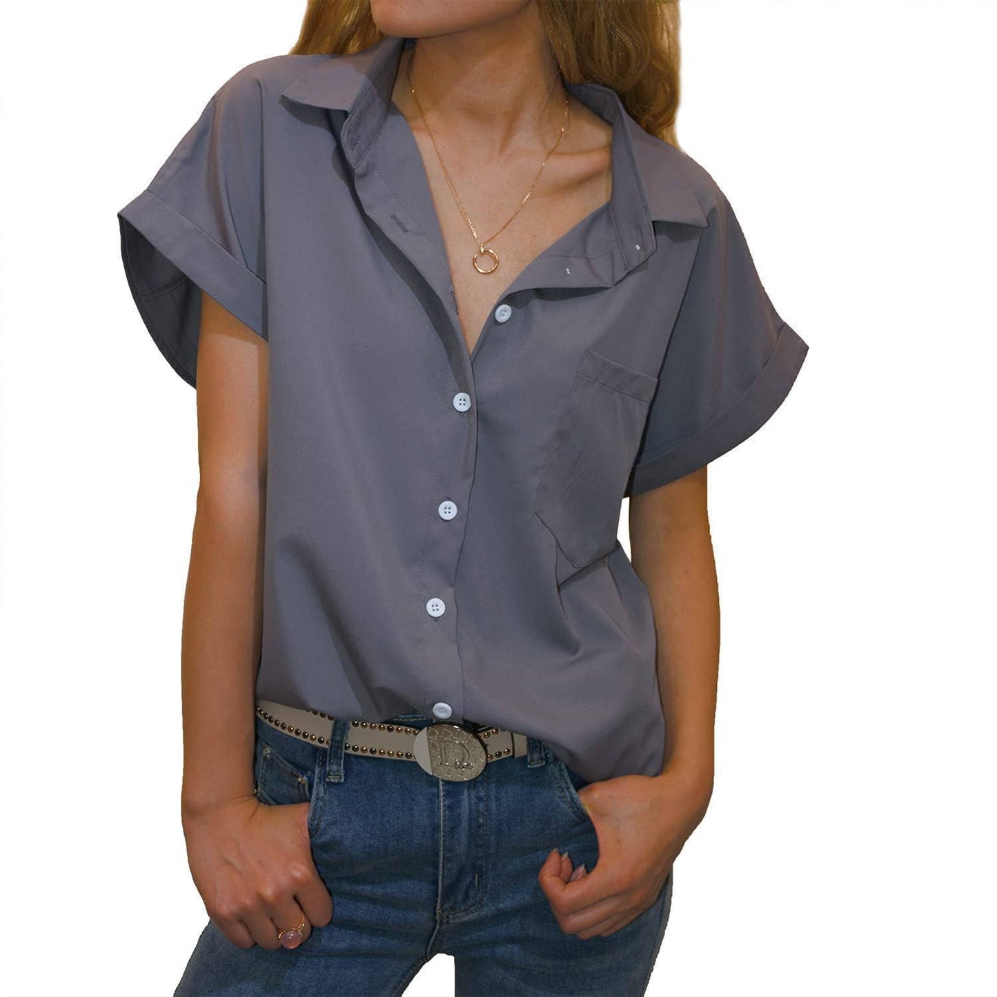 V-NECK BUTTON-DOWN SHIRT TOP
