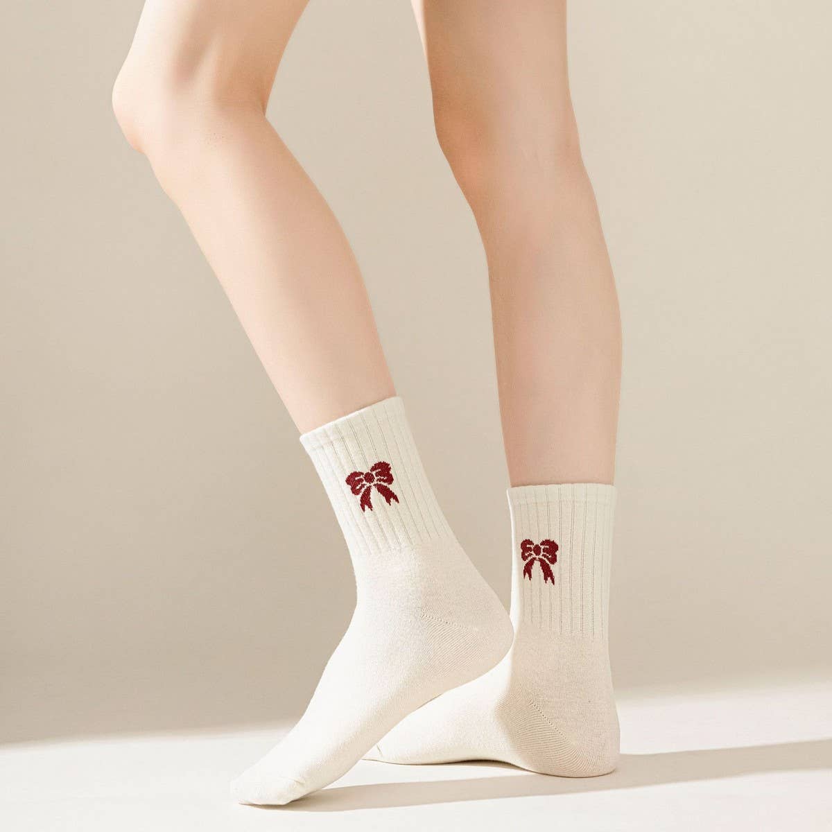 Red Bow Cotton Crew Socks for Women, Striped_CWMS1371