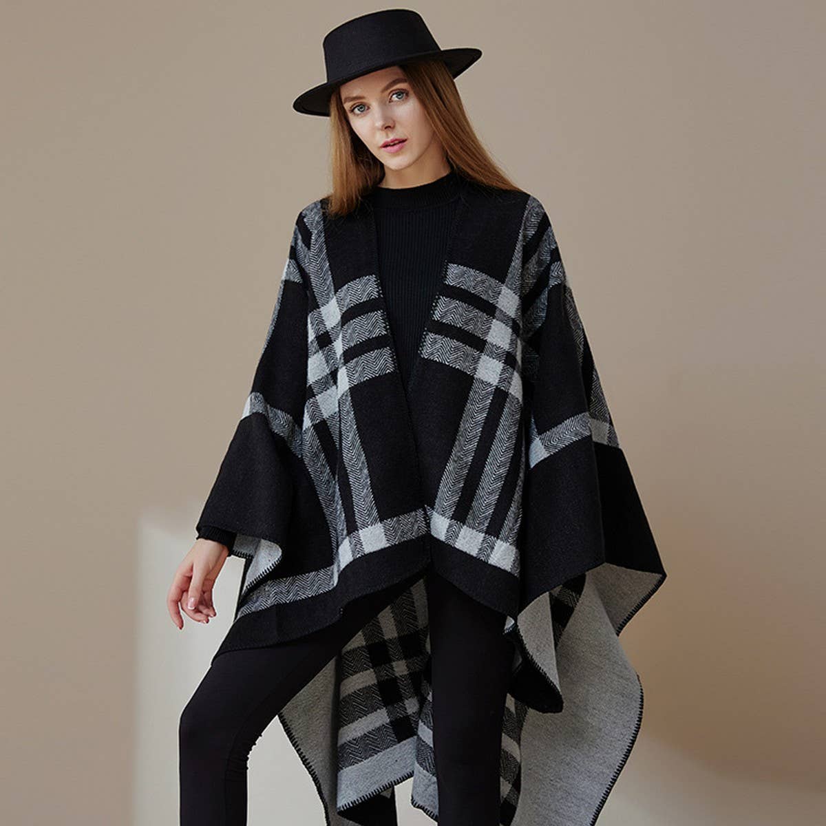 DOUBLE-SIDED PLAID FAUX CASHMERE SHAWL CAPE