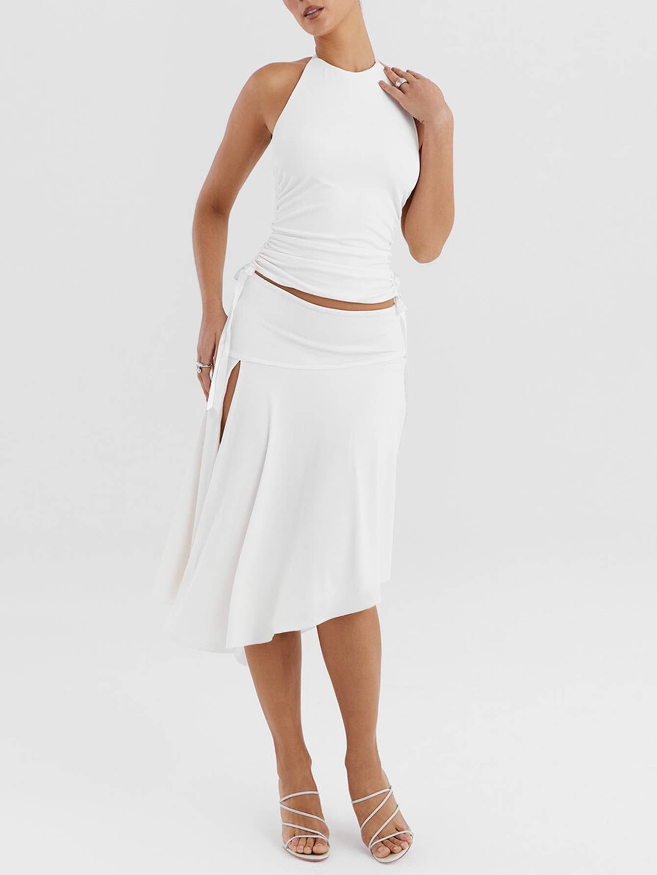 Sexy halter top asymmetric side slit midi skirt