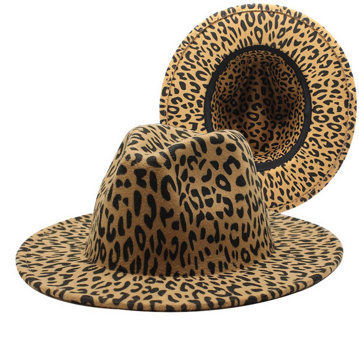 CAMEL FEDORA LEOPARD PRINT HAT JAZZ WIDE BRIM HAT_CWAH2563
