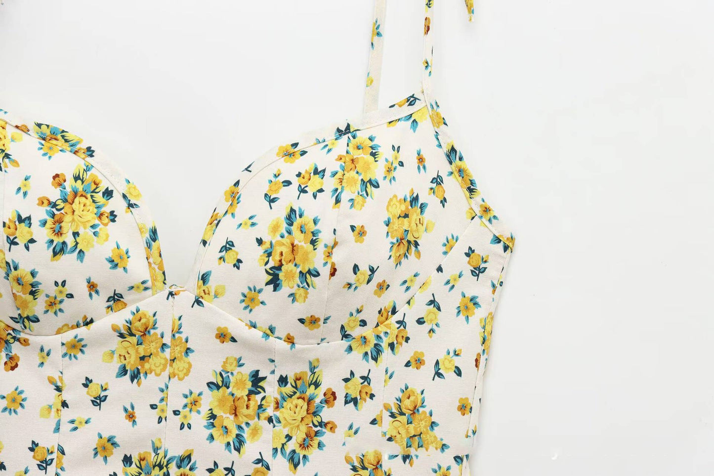 Fashionable floral printed poplin halter dress