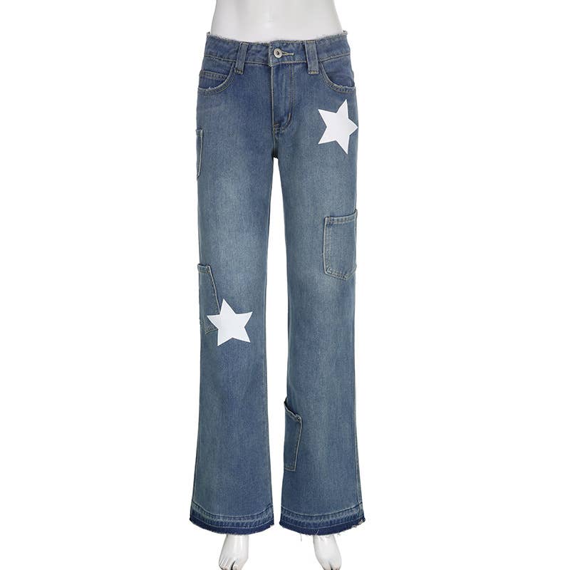 Aged five-pointed star printed high-waisted jeans
