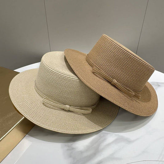 Solid color simple bow flat top straw hat_CWAH3598