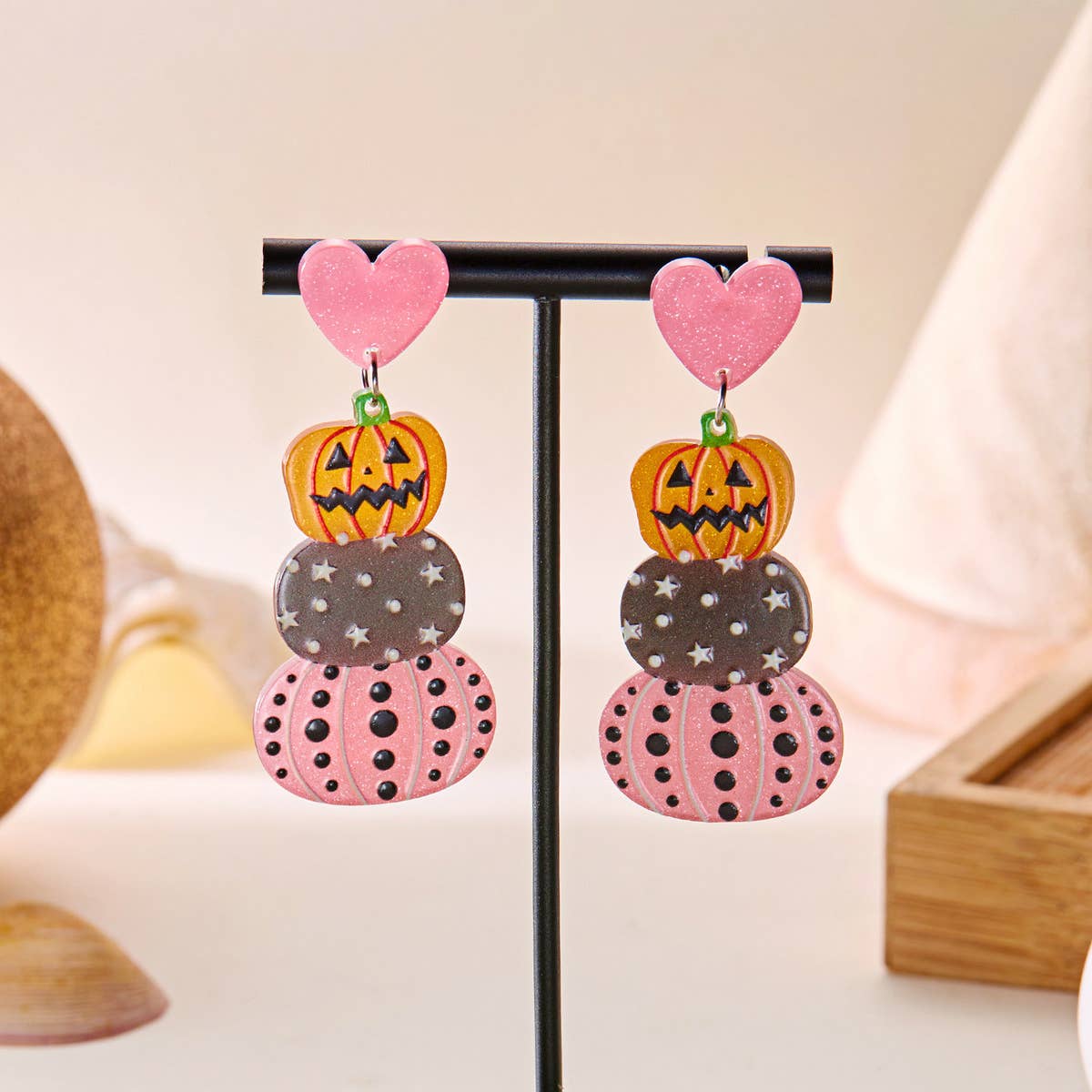 HALLOWEEN FUNNY PUMPKIN BAT LEAF EARRINGS