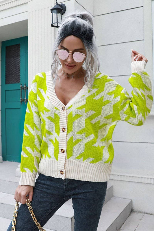CWOCAL1192_HOUNDSTOOTH BUTTON LOOSE KNIT CARDIGAN