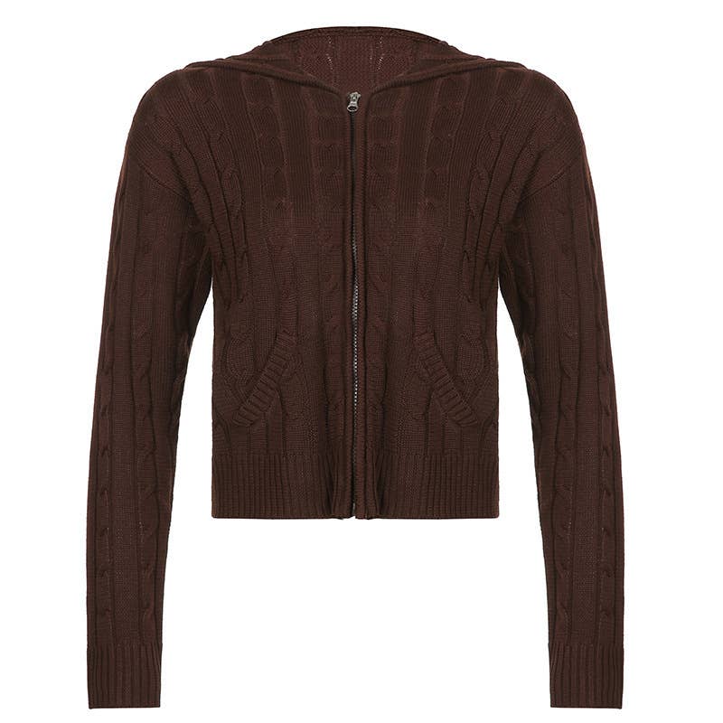 Solid color warm hooded zip-up cardigan