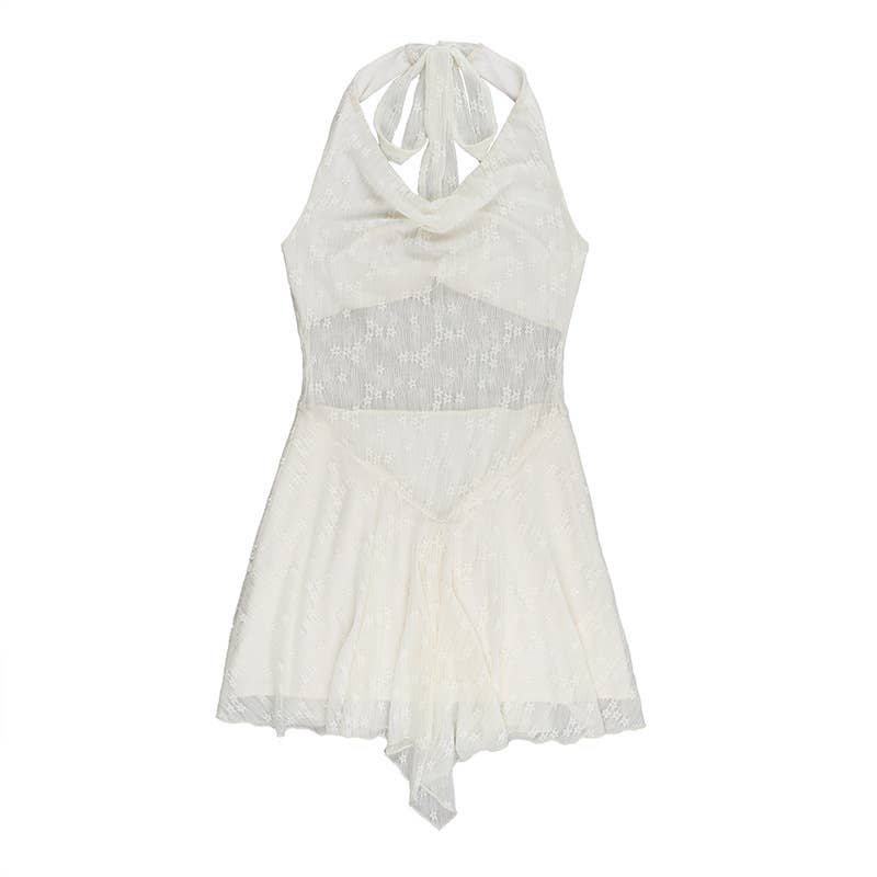 Sexy backless off-the-neck lace patchwork dress