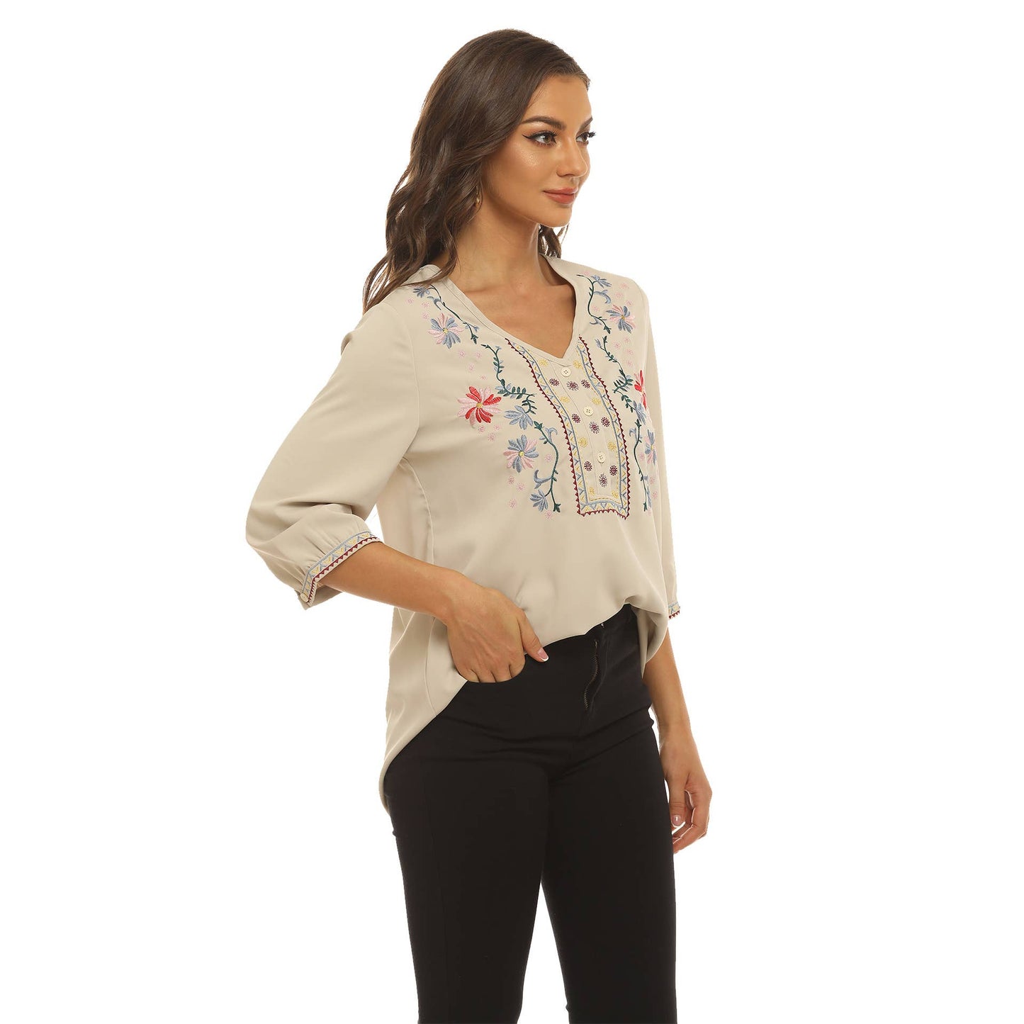 VINTAGE V-NECK EMBROIDERED LOOSE BLOUSE