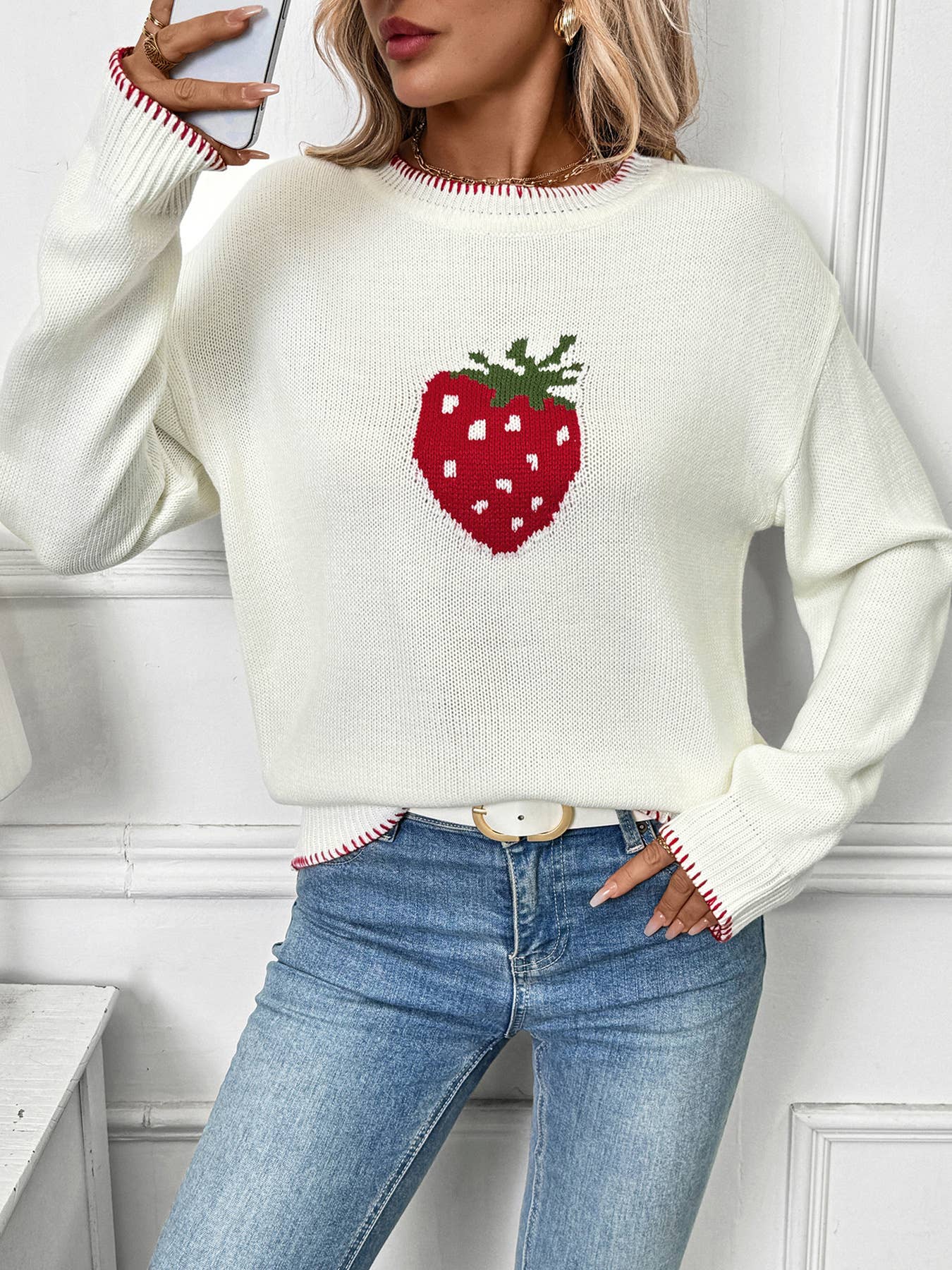Strawberry jacquard round-neck stitched sweater
