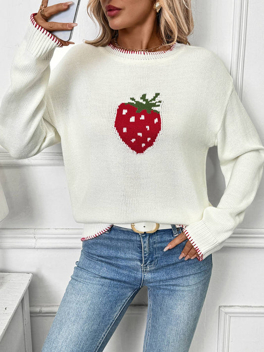 Strawberry jacquard round-neck stitched sweater