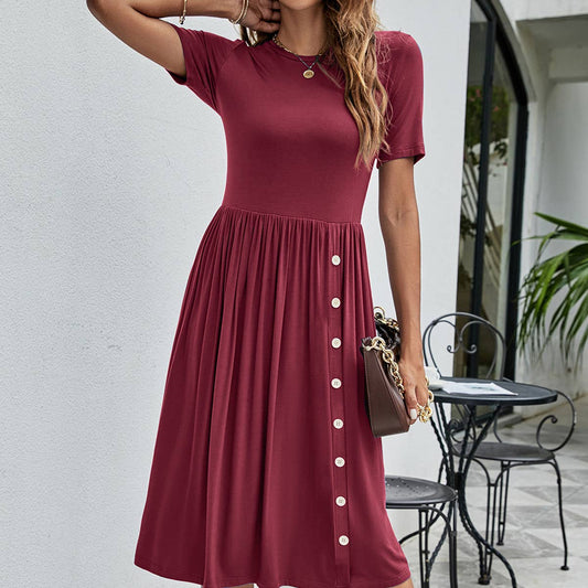 Solid color casual knit dress with button pocket