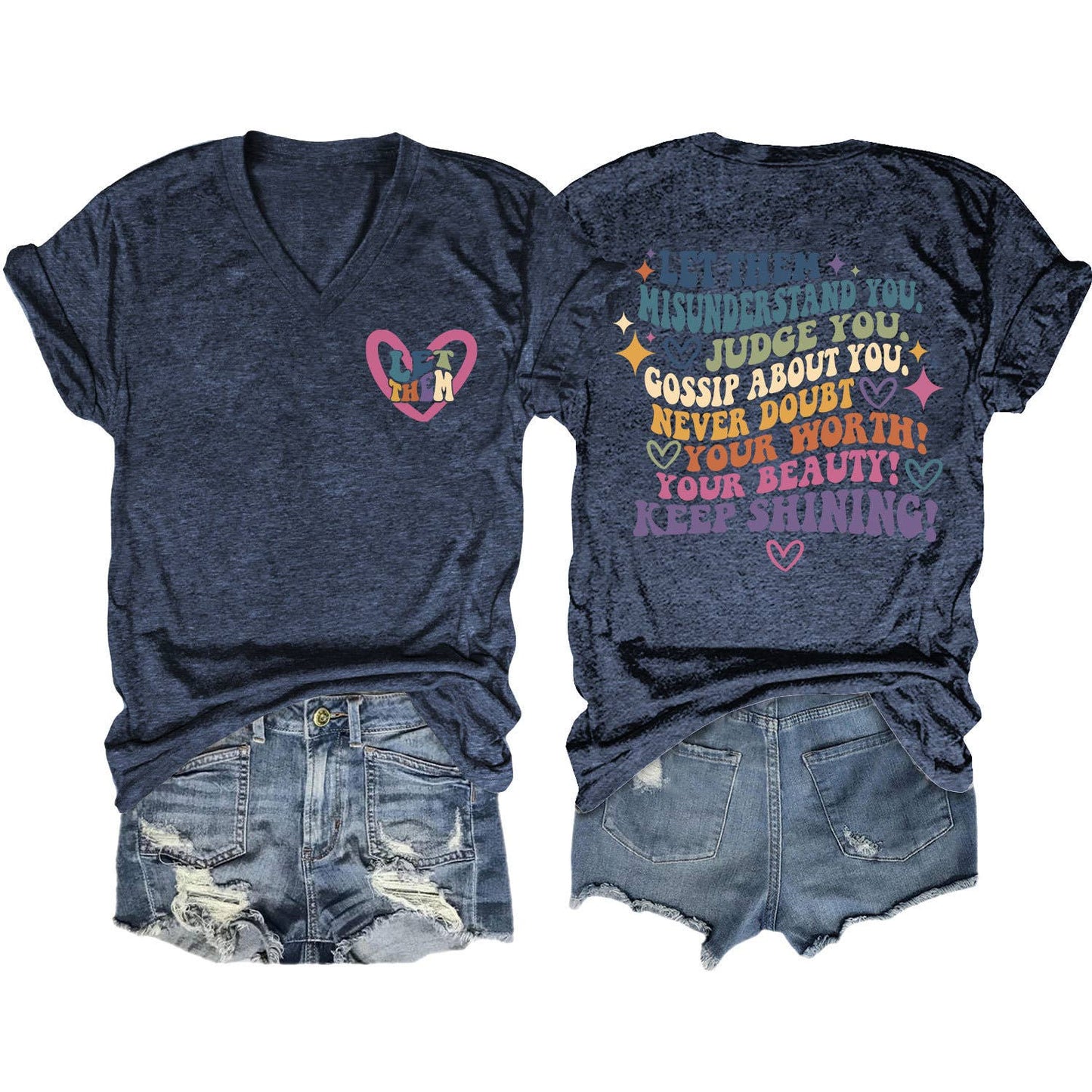 V-neck and fun letters Elegant women's T-shirt