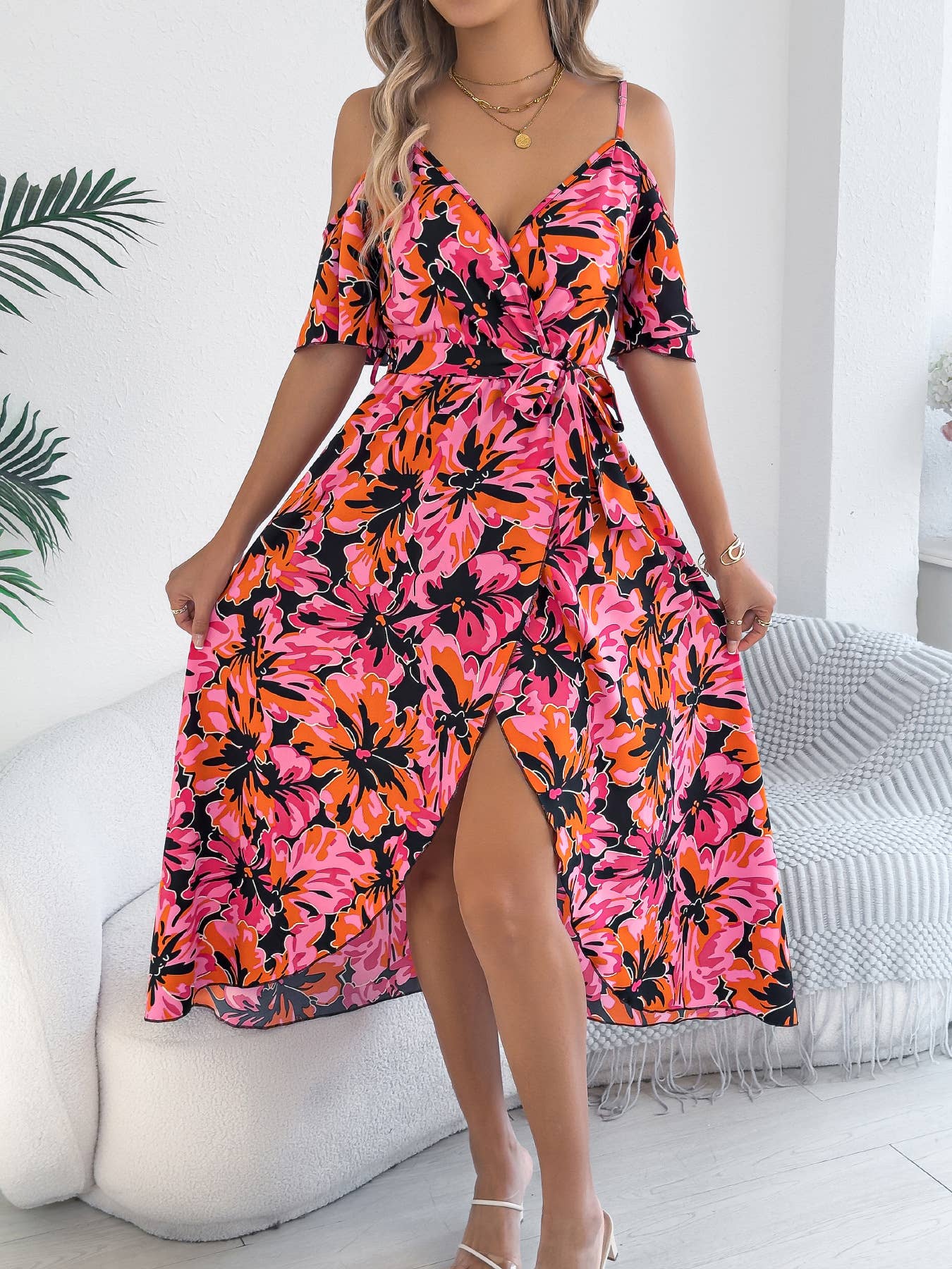 Off-the-shoulder cross-neck printed halter dress