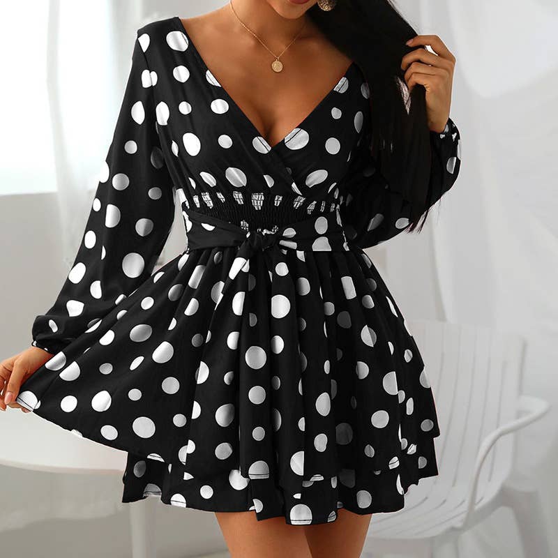 V-NECK LONG-SLEEVED POLKA DOT FASHION DRESS