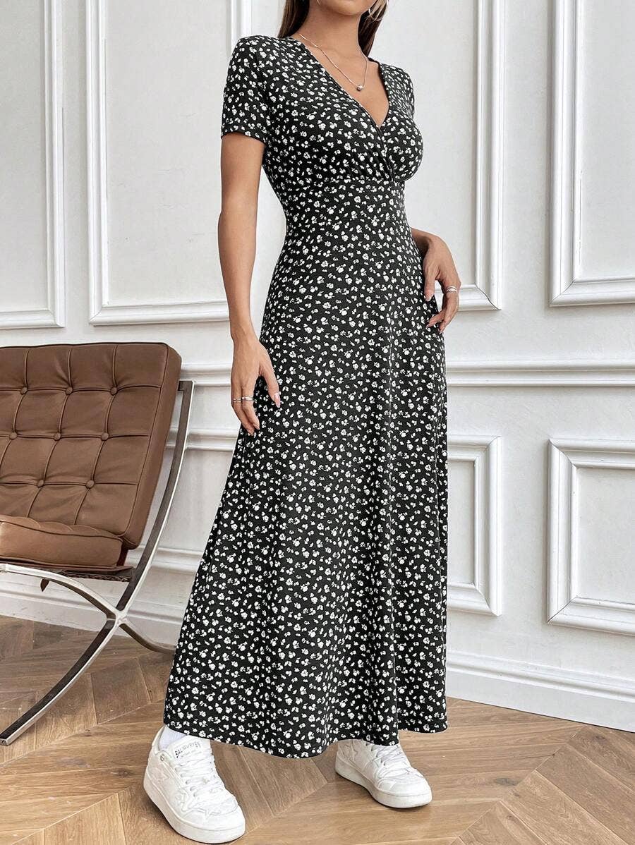 V-neck elegant cinched waist casual floral dress