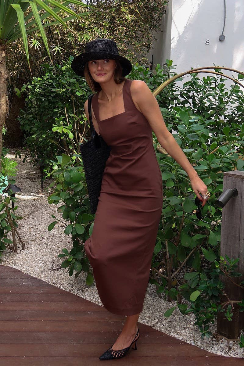 CWDMD5260_SOLID SQUARE NECK SLIM FIT COTTON-LINEN DRESS