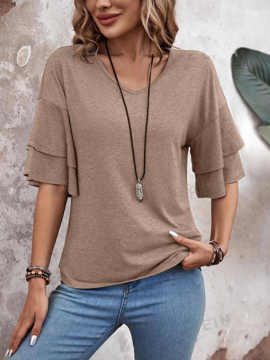 SOLID COLOR V-NECK DOUBLE-SLEEVED BAGGY BLOUSE