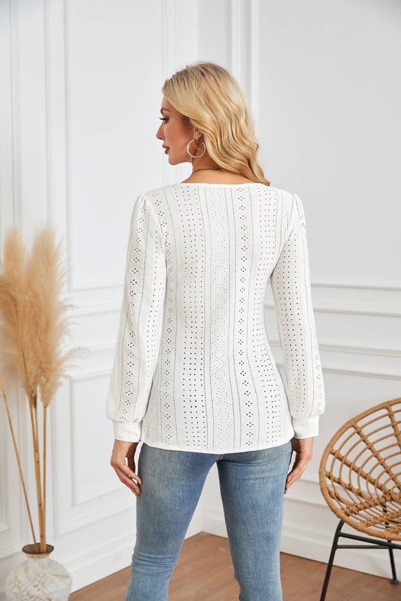 ROUND NECK T-SHIRT WITH HOLES AND PUFFY SLEEVES