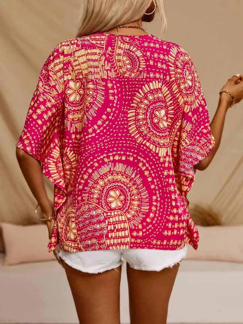 V-neck printed resort-style batsleeved top