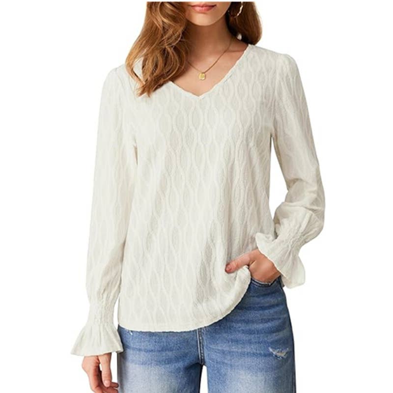 Fashion solid-color V-neck long-sleeved T-shirt