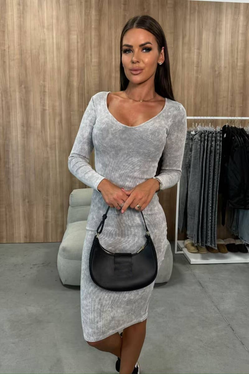 CWDSD6032_SOLID COLOR LONG SLEEVE V-NECK SLIM-FIT DRESS