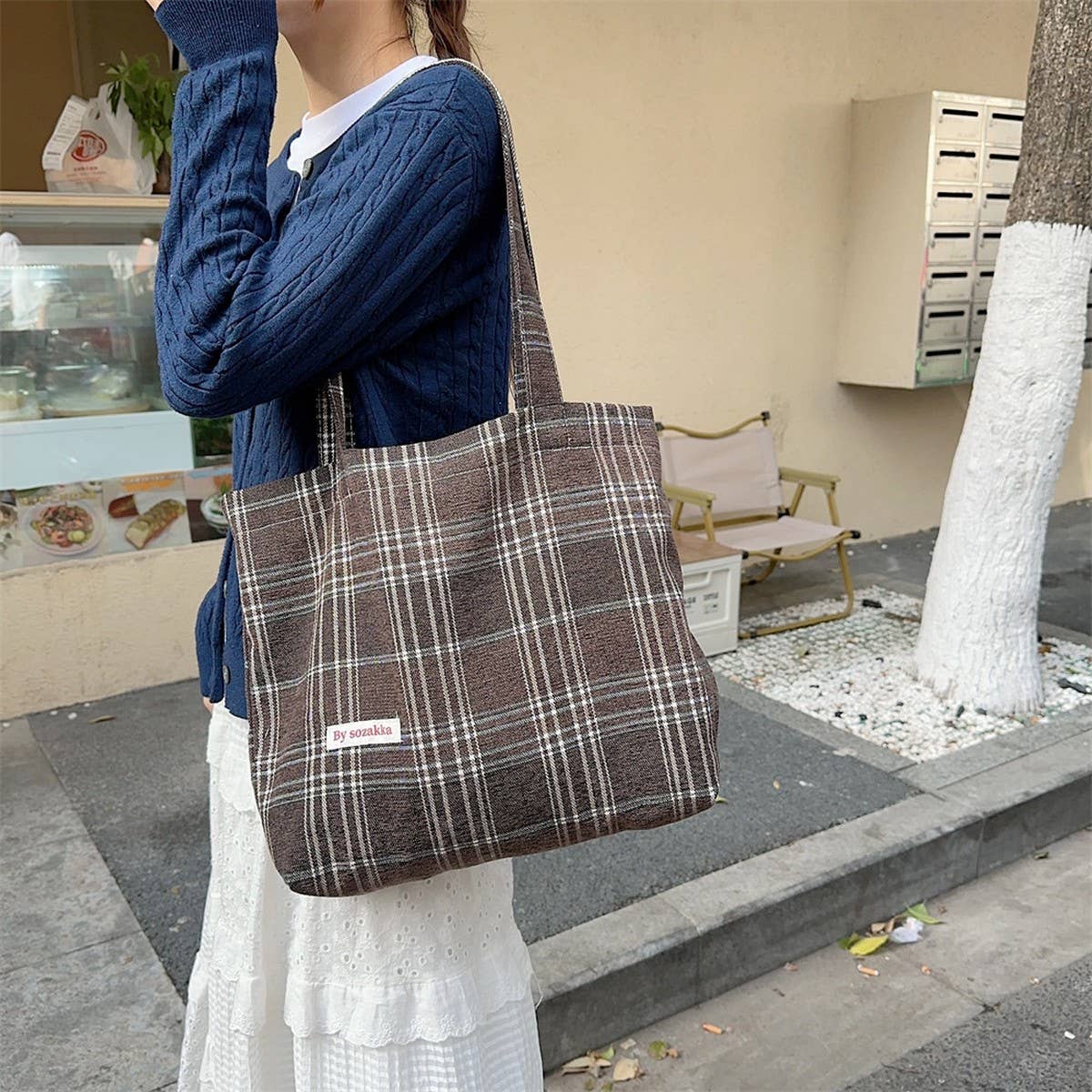 CWAB3897_LARGE CAPACITY VINTAGE PLAID TOTE SHOULDER BAG