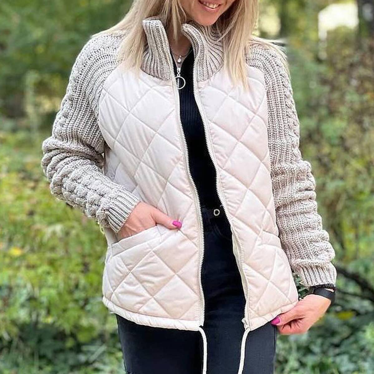 ZIPPER LONG SLEEVE STAND-UP COLLAR QUILTED JACKET