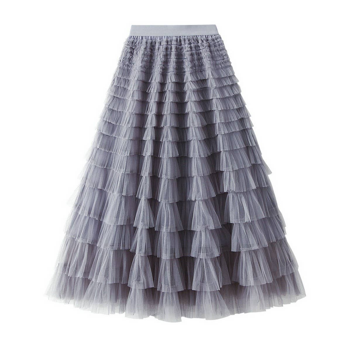 White Tulle Tiered Pleated A-Line Maxi Skirt