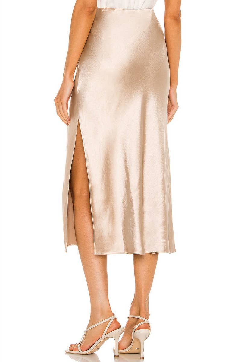 SATIN ELASTIC HIGH WAISTED SOLID SPLIT SKIRT