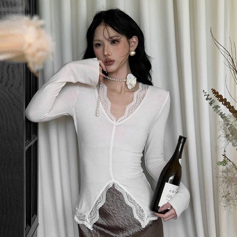 SOLID COLOR V-NECK SEXY LACE PATCHWORK TOP