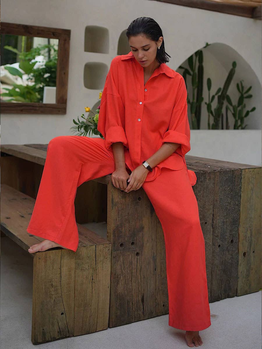 loose casual cotton shirt and wide-leg pants set