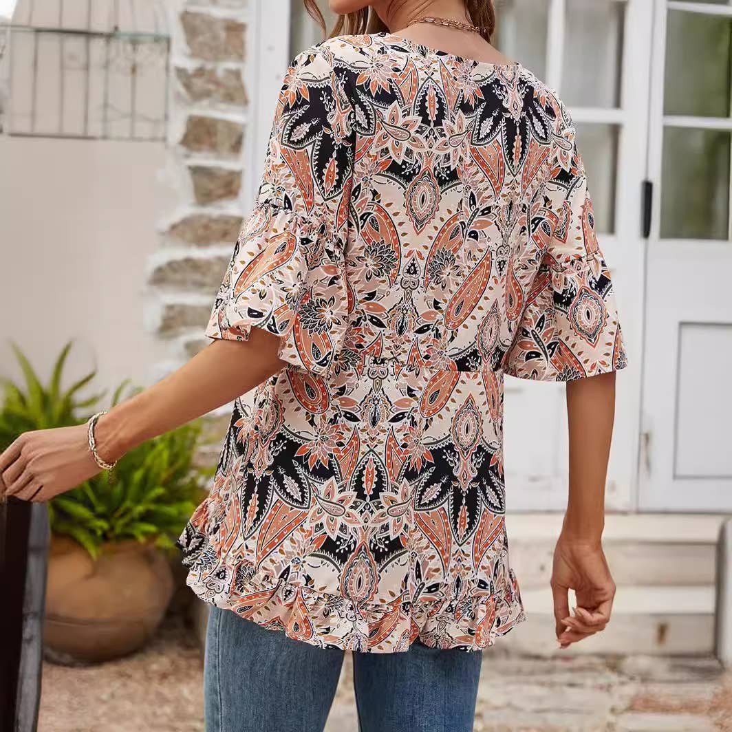 V-NECK PRINTED CASUAL FLARED SLEEVE BLOUSE