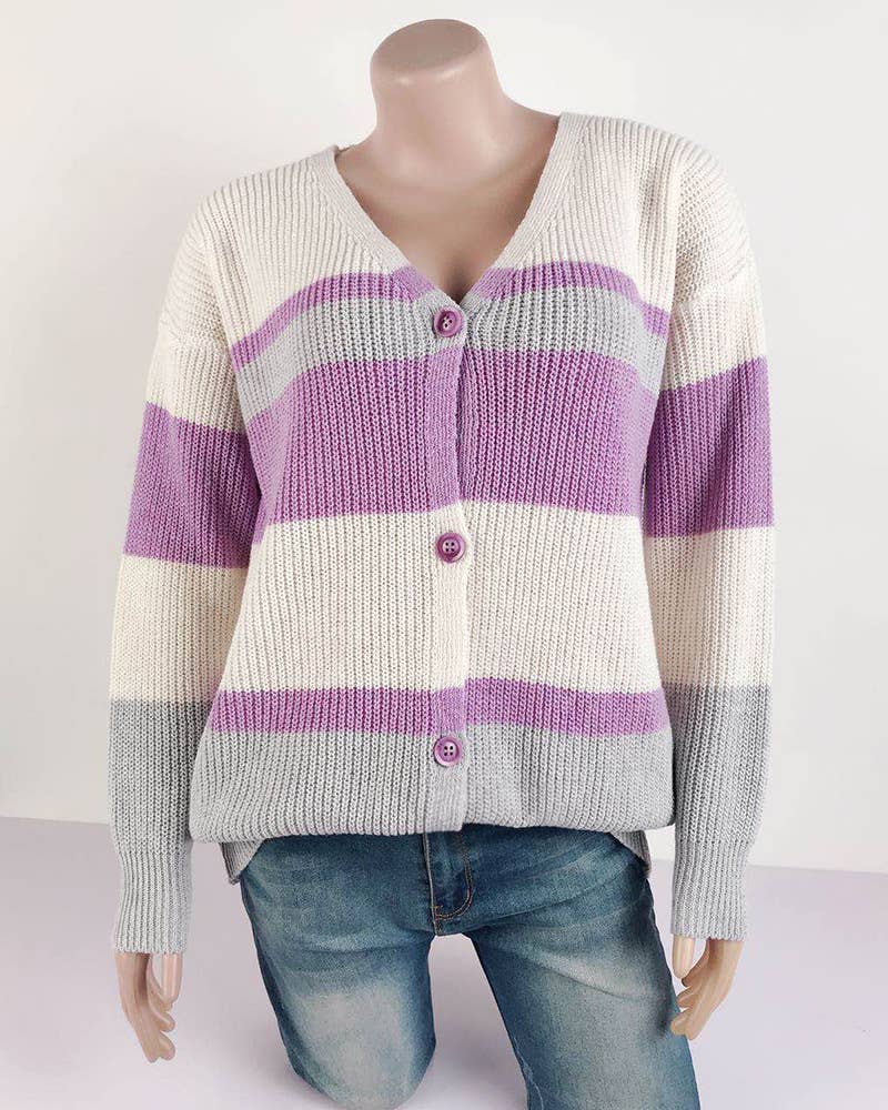 V-NECK BUTTON-STRIPED PATCHWORK SWEATER CARDIGAN