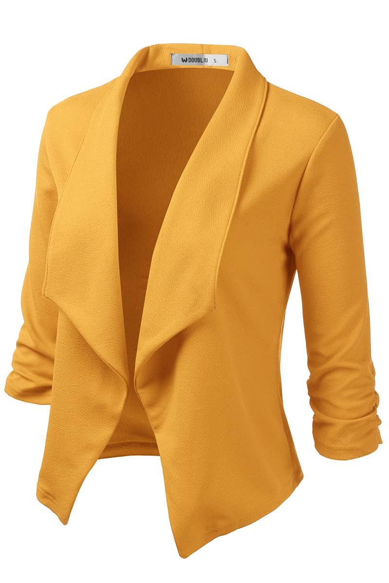 CWOBL091_Casual Work Ruched 3/4 Slv Open Front Blazer Jacket