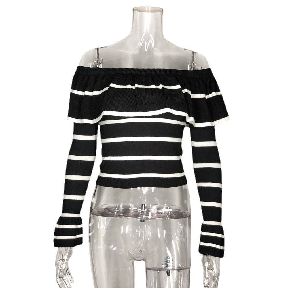 Striped ruffled one-neck knitted sweater