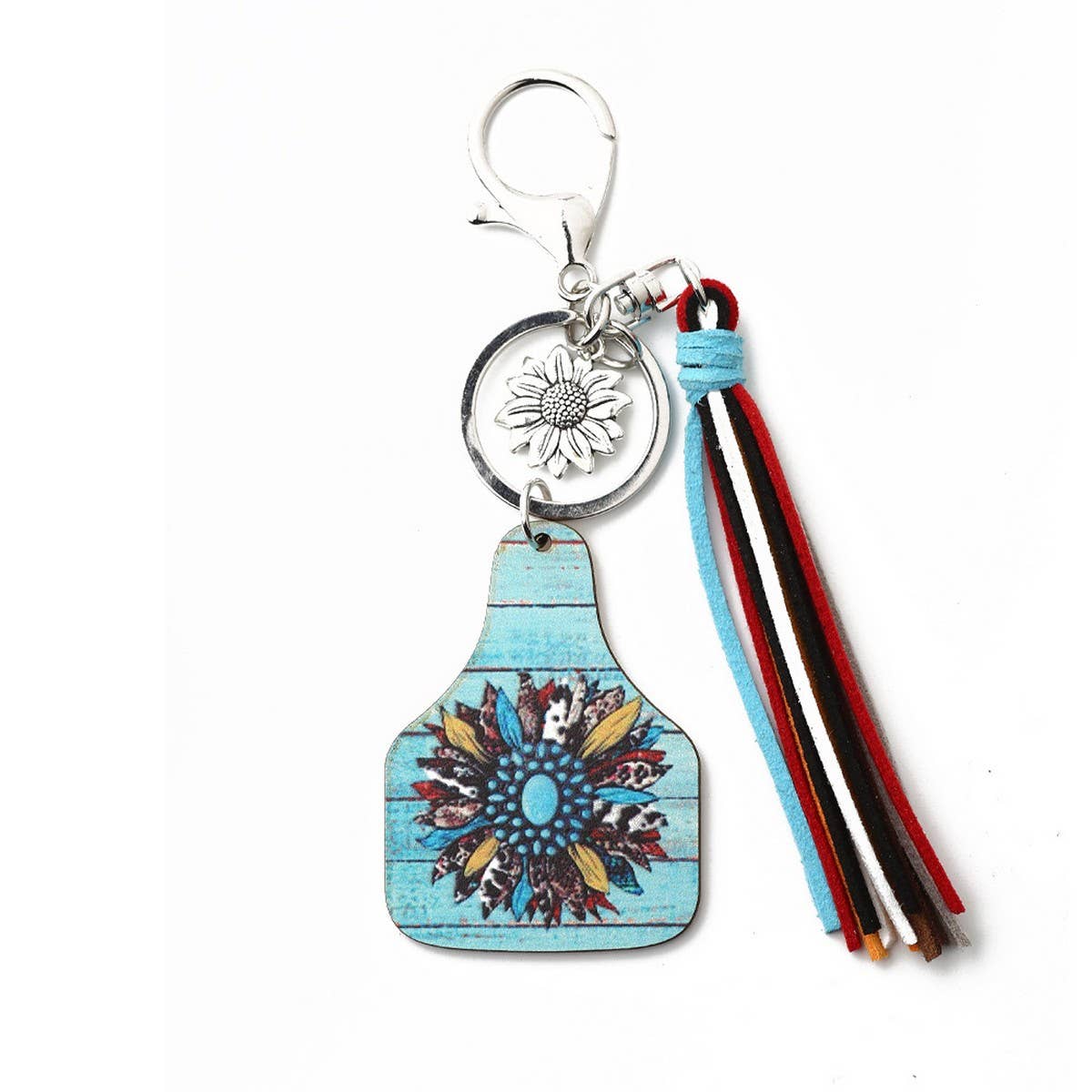 Western Bull Head Leather Tassel Sunflower Keychain_CWAB5089