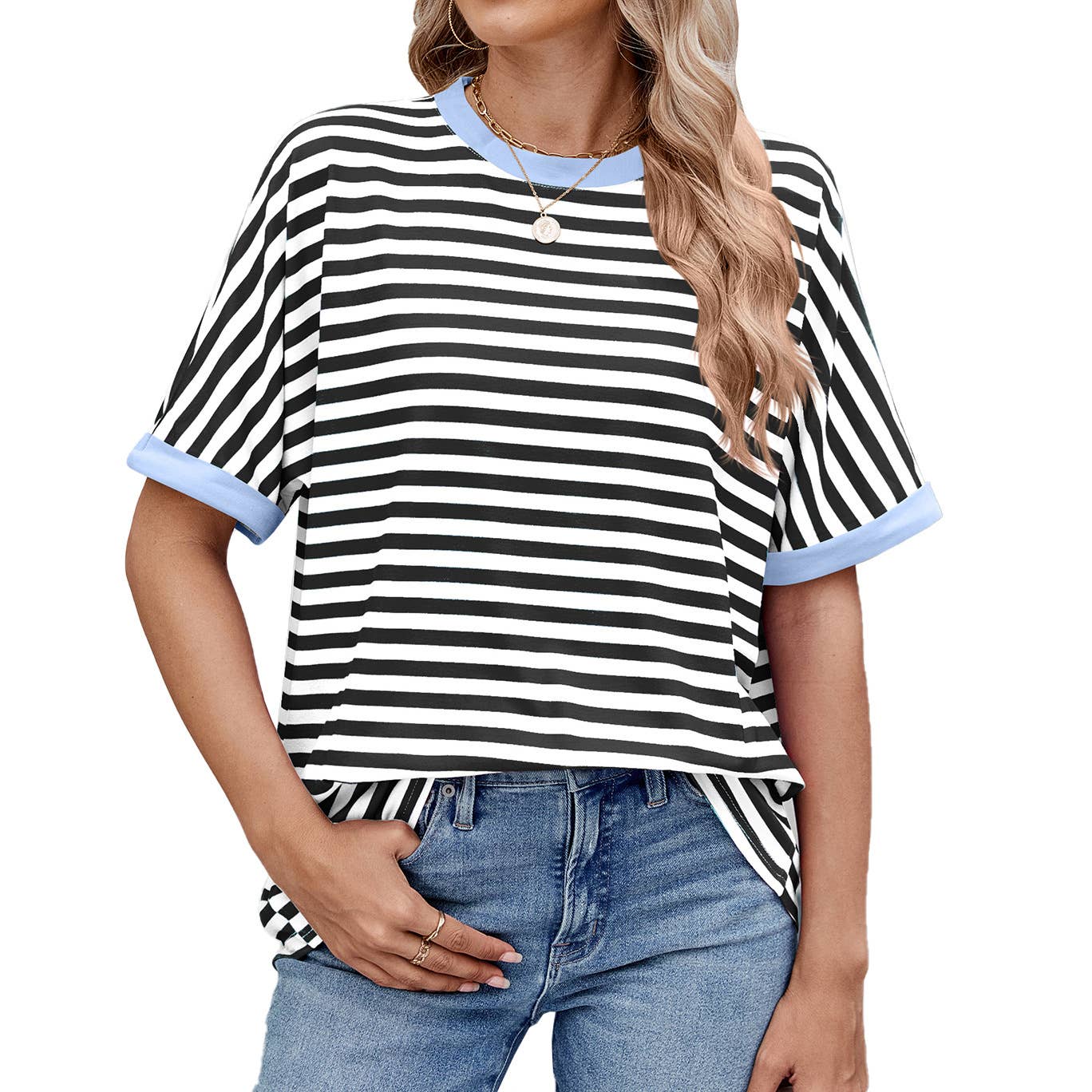 Round neck sleeved striped short-sleeved T-shirt