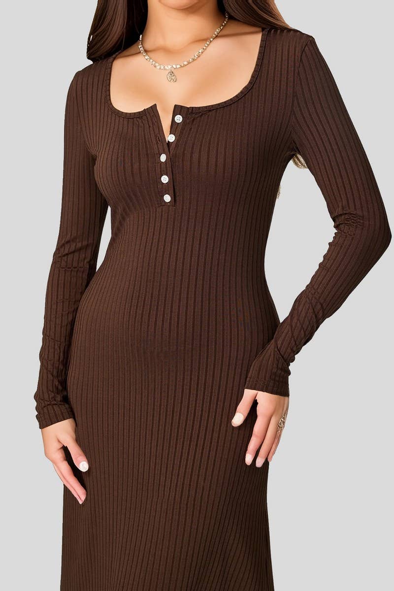 CWDMD5010_BUTTON FRONT SQUARE NECK LONG SLEEVE MAXI DRESS